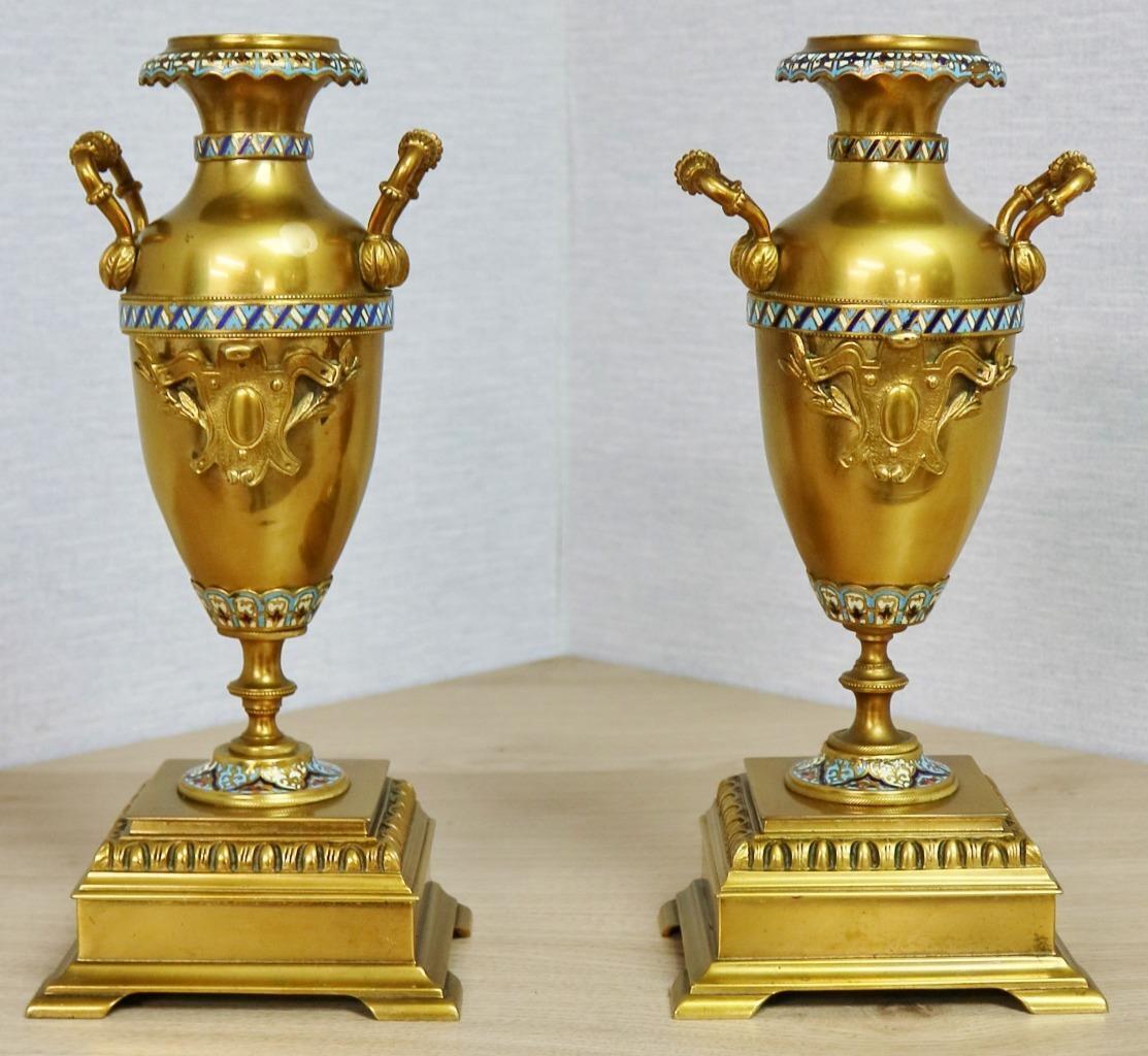 Pair Of Antique French Bronze Ormolu & Champleve Ornate Urn Side Garniture