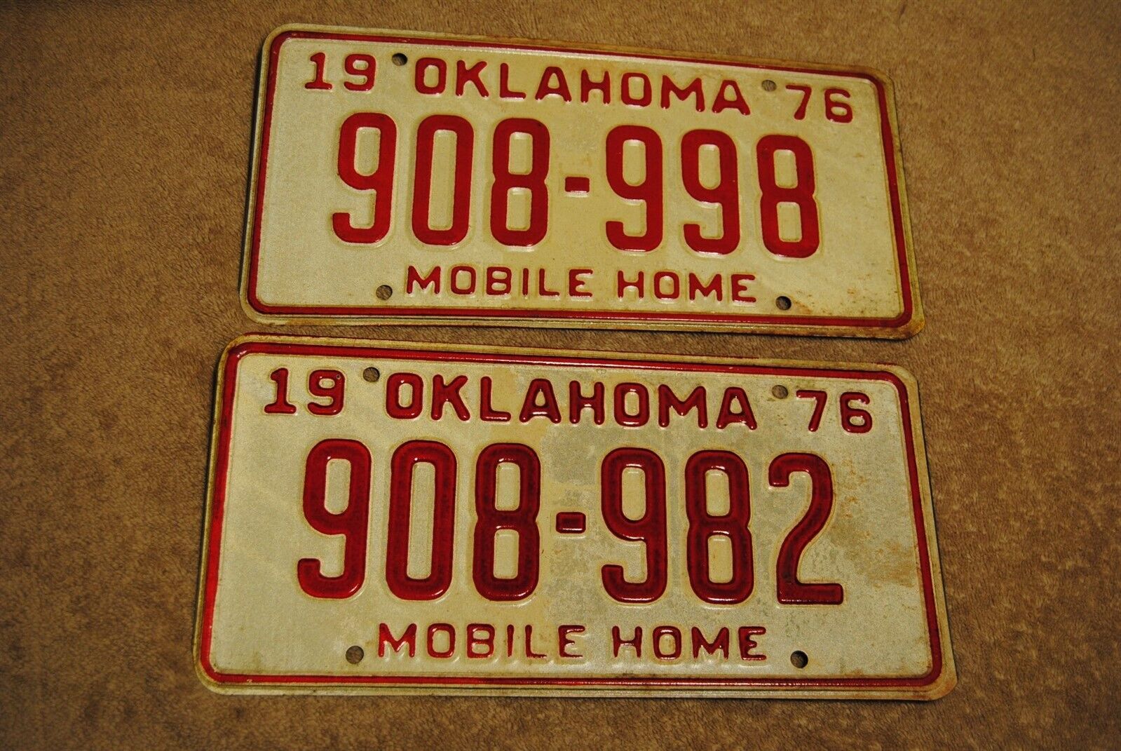 Two Vintage 1976 Oklahoma Mobile Home License Plates 908-998 & 908-982