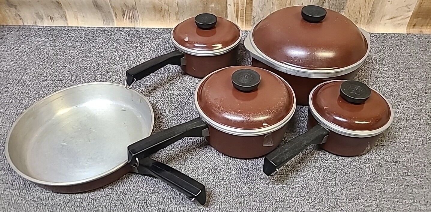 Set of Vintage Club Aluminum Cookware Pots and Pans Dutch Oven 4 Lids Brown 9pc