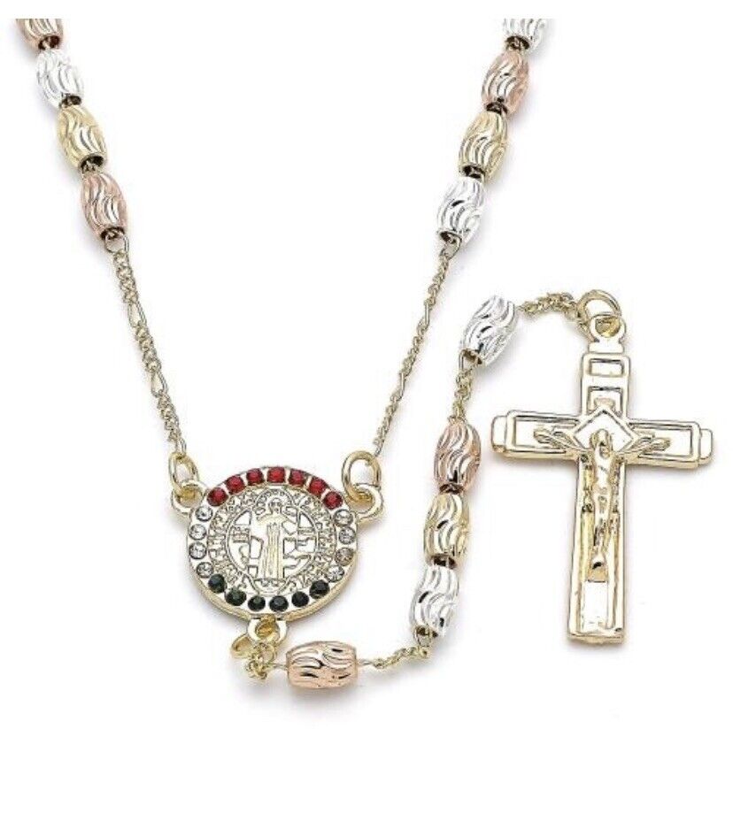 BEAUTIFUL TRICOLOR LARGE 18K GOLD OVER SILVER  ROSARY NECKLACE