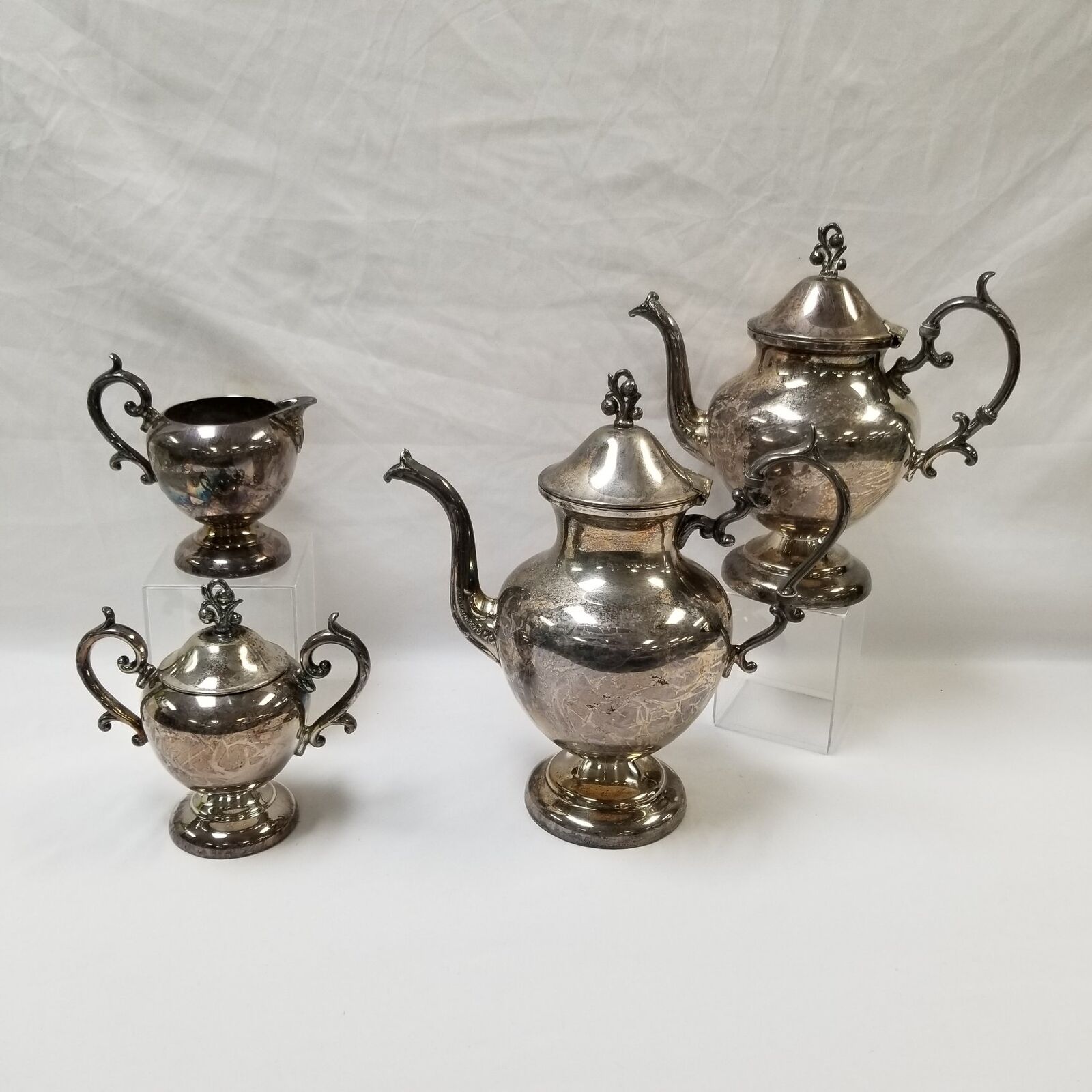 4pc Lot of Vintage Silver Plate on Copper Teapots w/ Creamer & Sugar Bowl