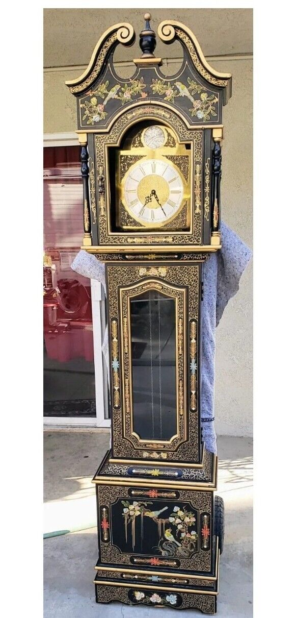 Old Rare Tempus Fugit Chinoiserie Black Gold Hand Painted Grandfather Clock