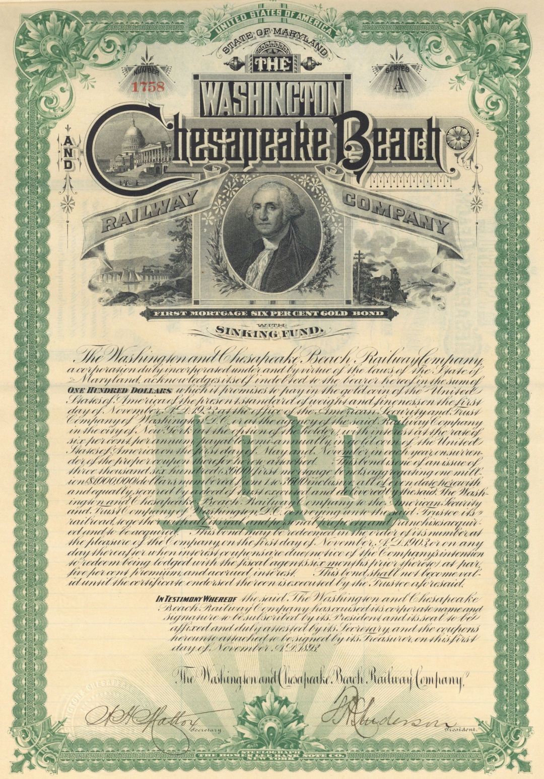 Washington and Chesapeake Beach Railway - 1893 dated $100 Maryland Railroad Gold