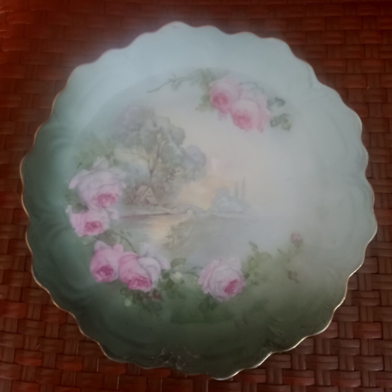 1 Antique Zeh Scherzer Porcelain Plate Green Cabin Church Roses Water & Bridge