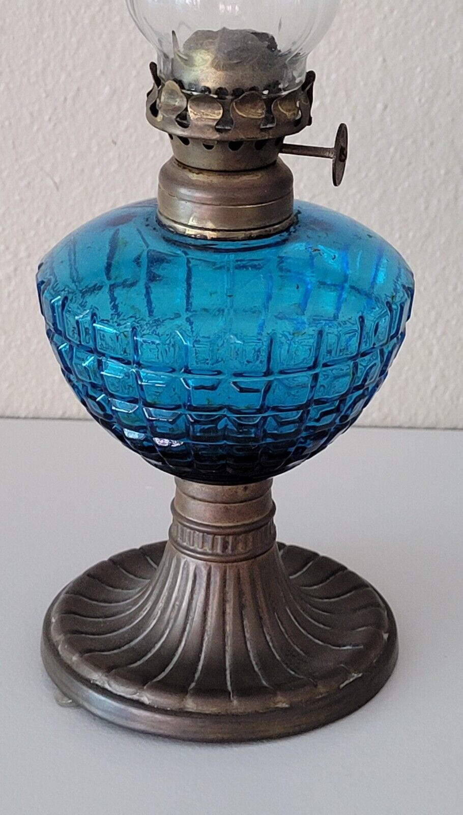Antique  Miniature Blue Glass Lamp Tin Saucer Base Kerosene Unbranded
