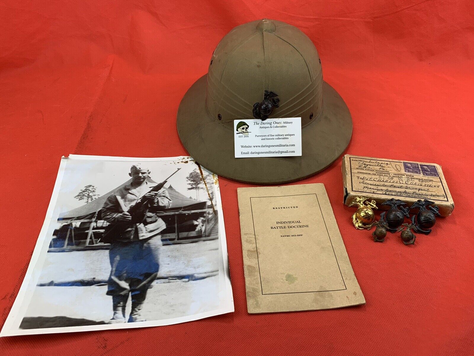 Original WW2 USMC KIA Grouping Pith Helmet Bible Photo Insignia Named