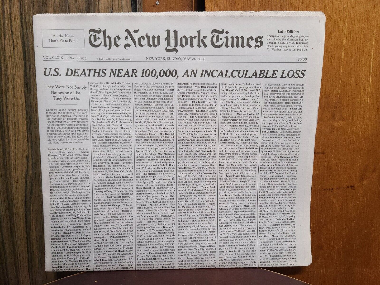 New York Times Newspaper Sunday May24 2020 US Death Near 100,000 Late Edition