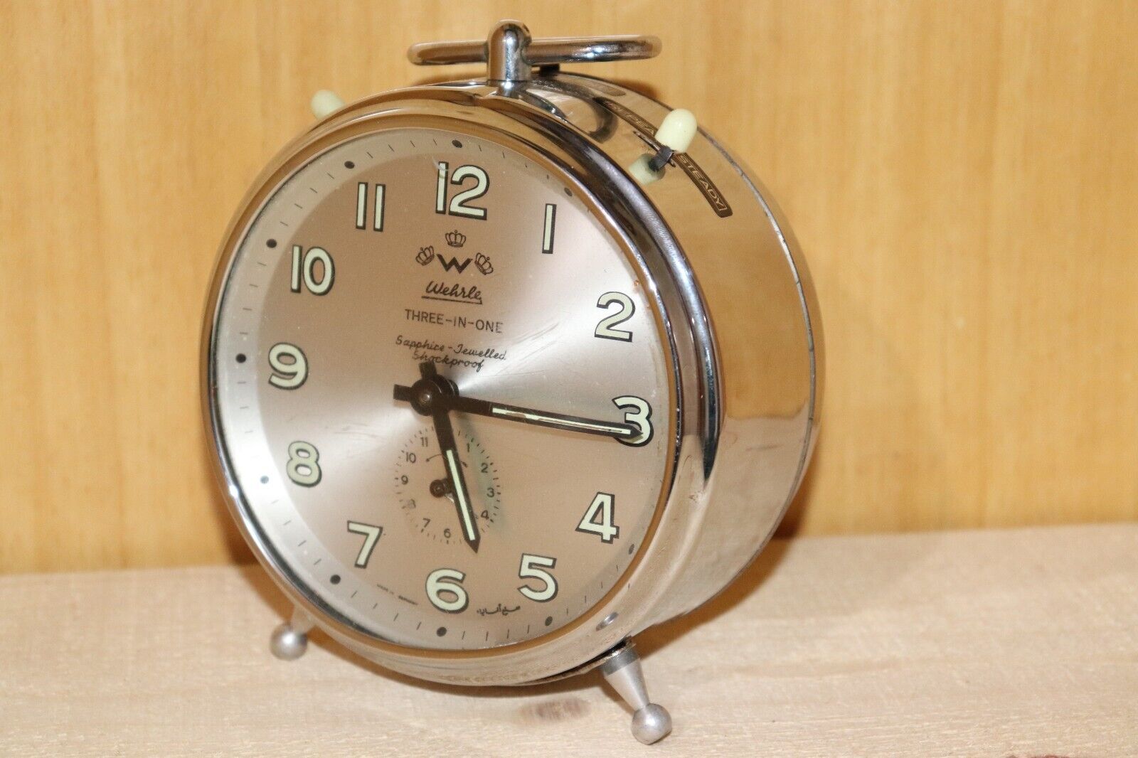 Rare Vintage Wehrle Mechanical Alarm Clock Three In One Made In Germany 1960.