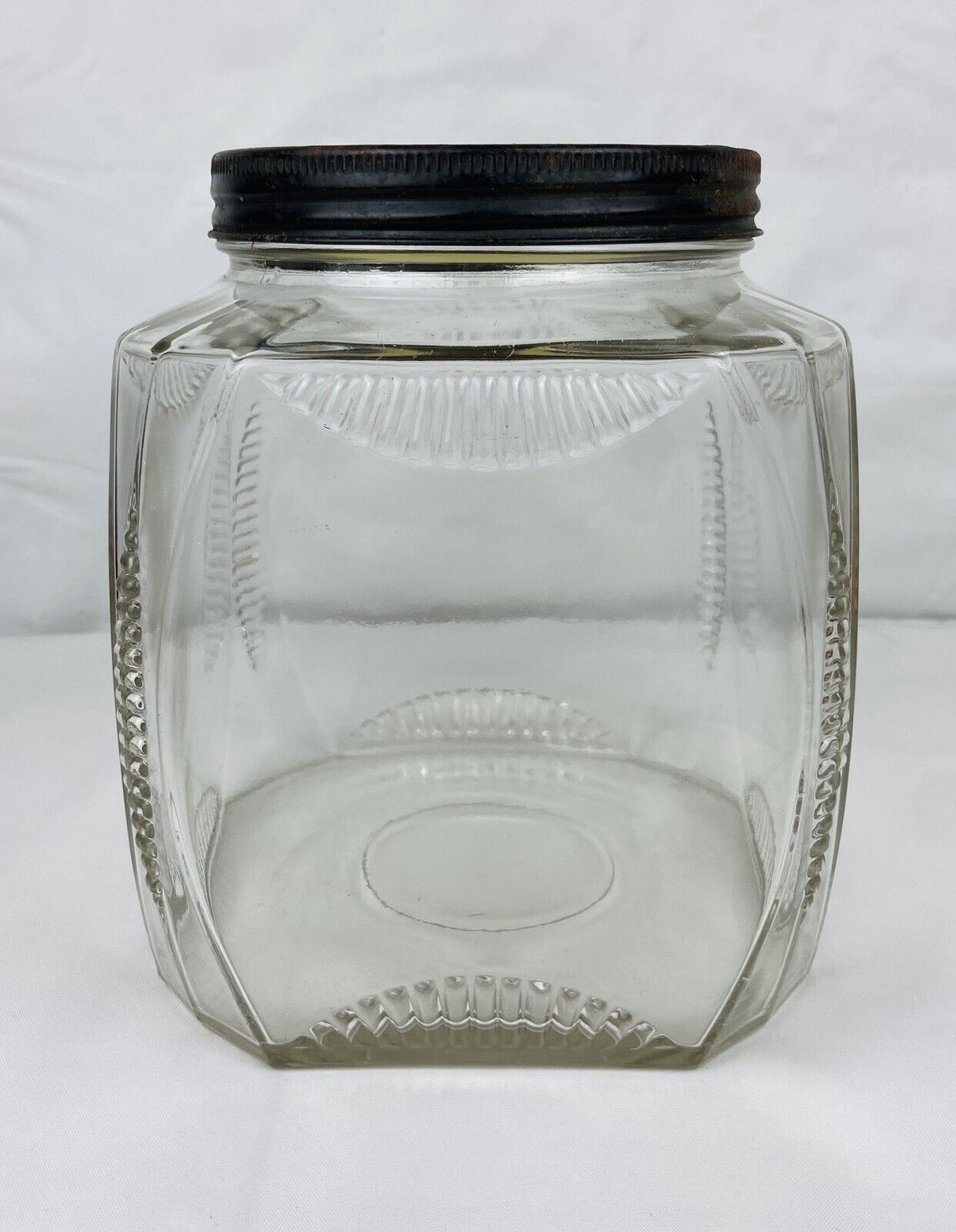 Vintage Kitchen Hoosier Cabinet Jar Art Deco Ribbed Glass Canister LG 8” Tin Lid