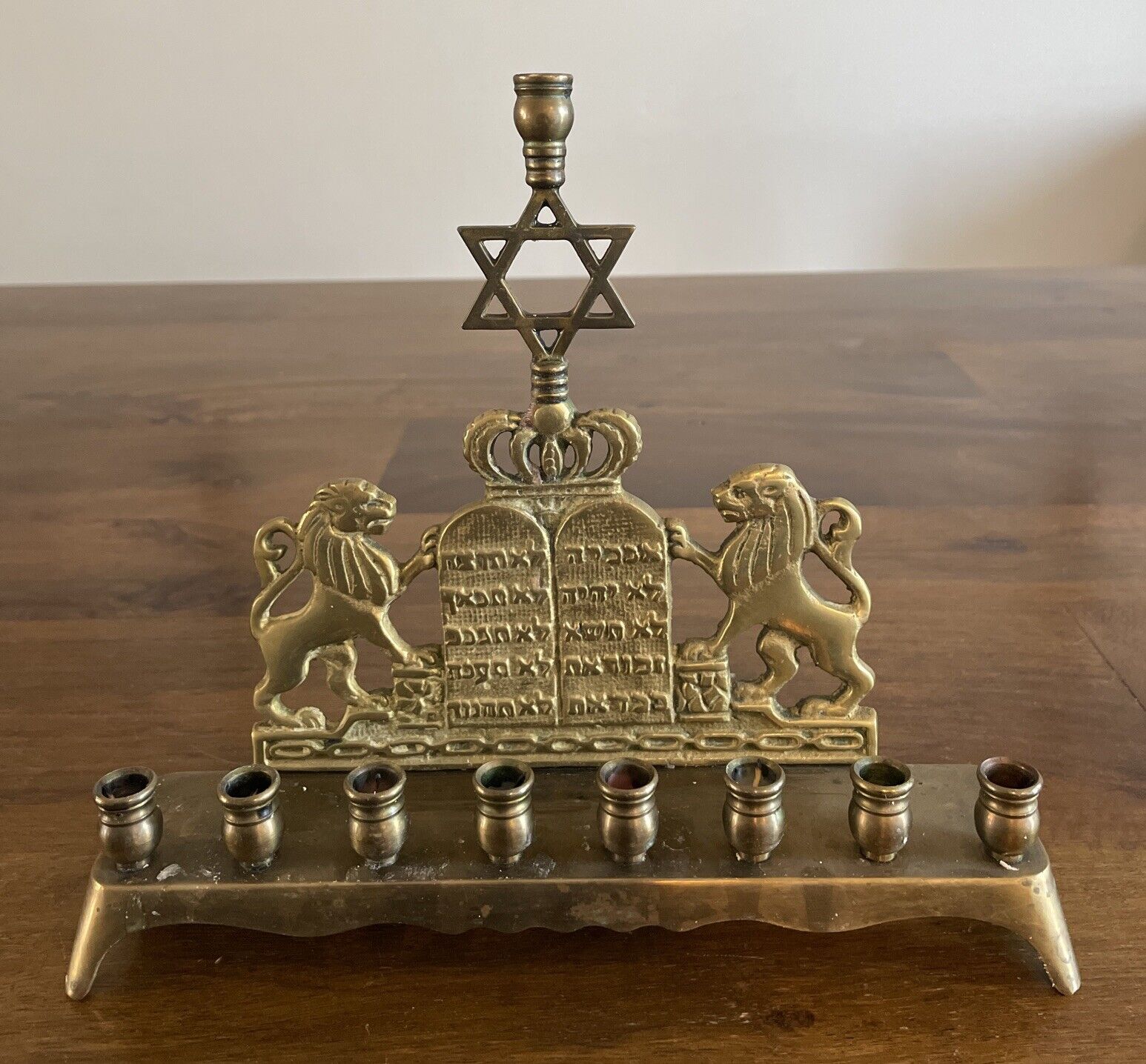 Antique European Solid Brass Lion Crown With Star Of David Menorah Chanukah 4d