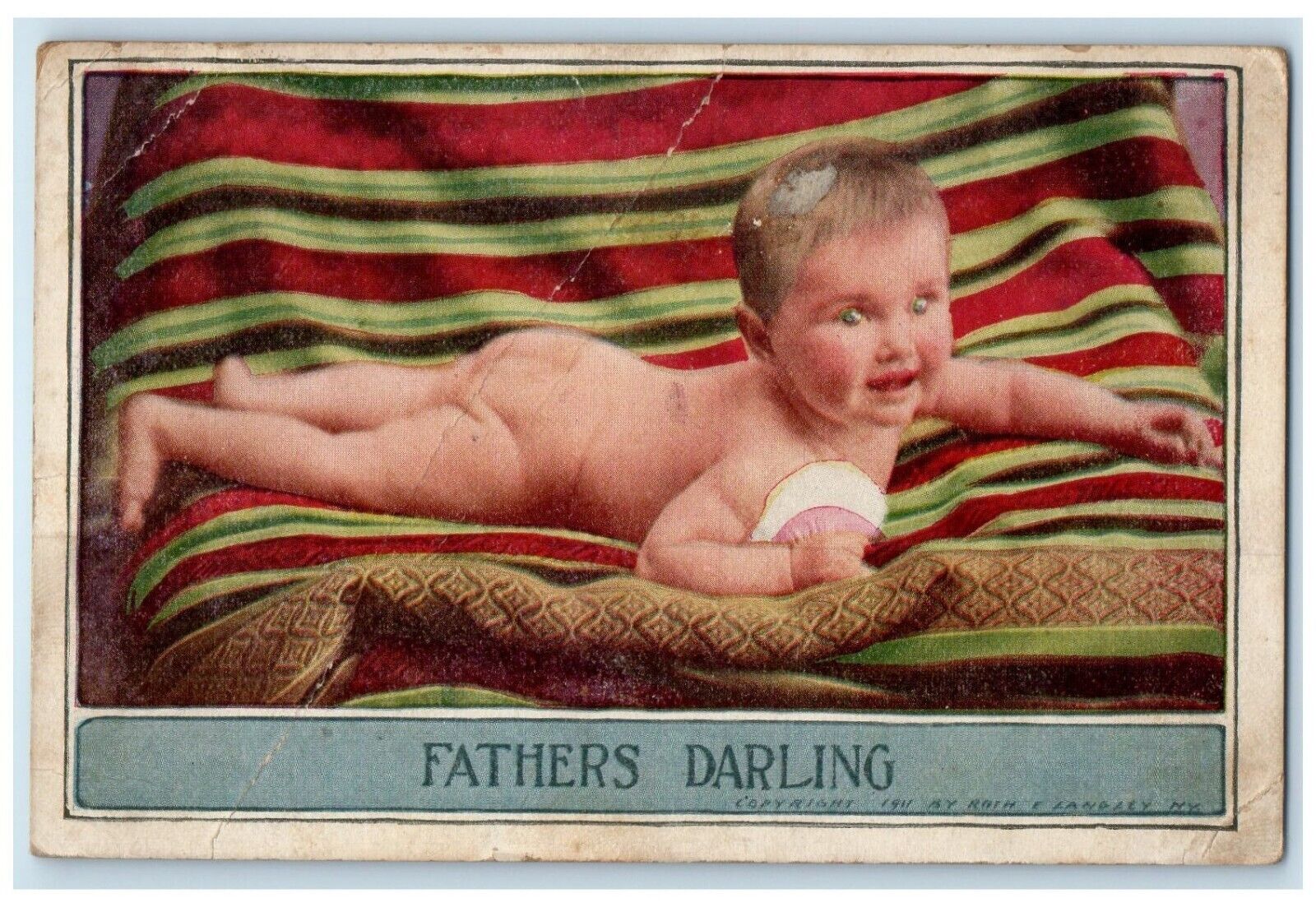 c1910's Cute Baby Toddler Undressed Fathers Darling Posted Antique Postcard