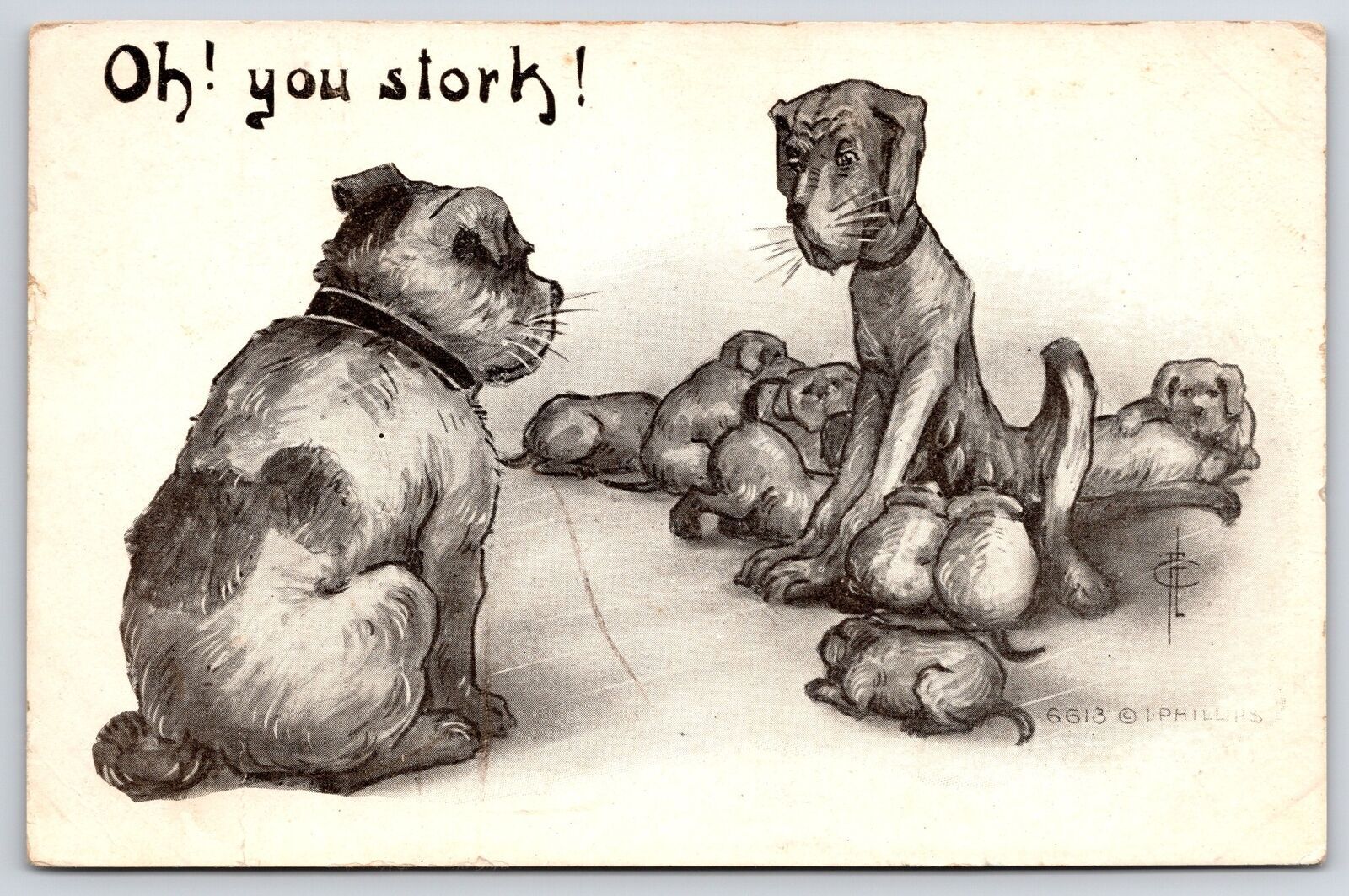 1964 Oh You Stork Drawing Pet Dogs Animals Puppies Posted Postcard