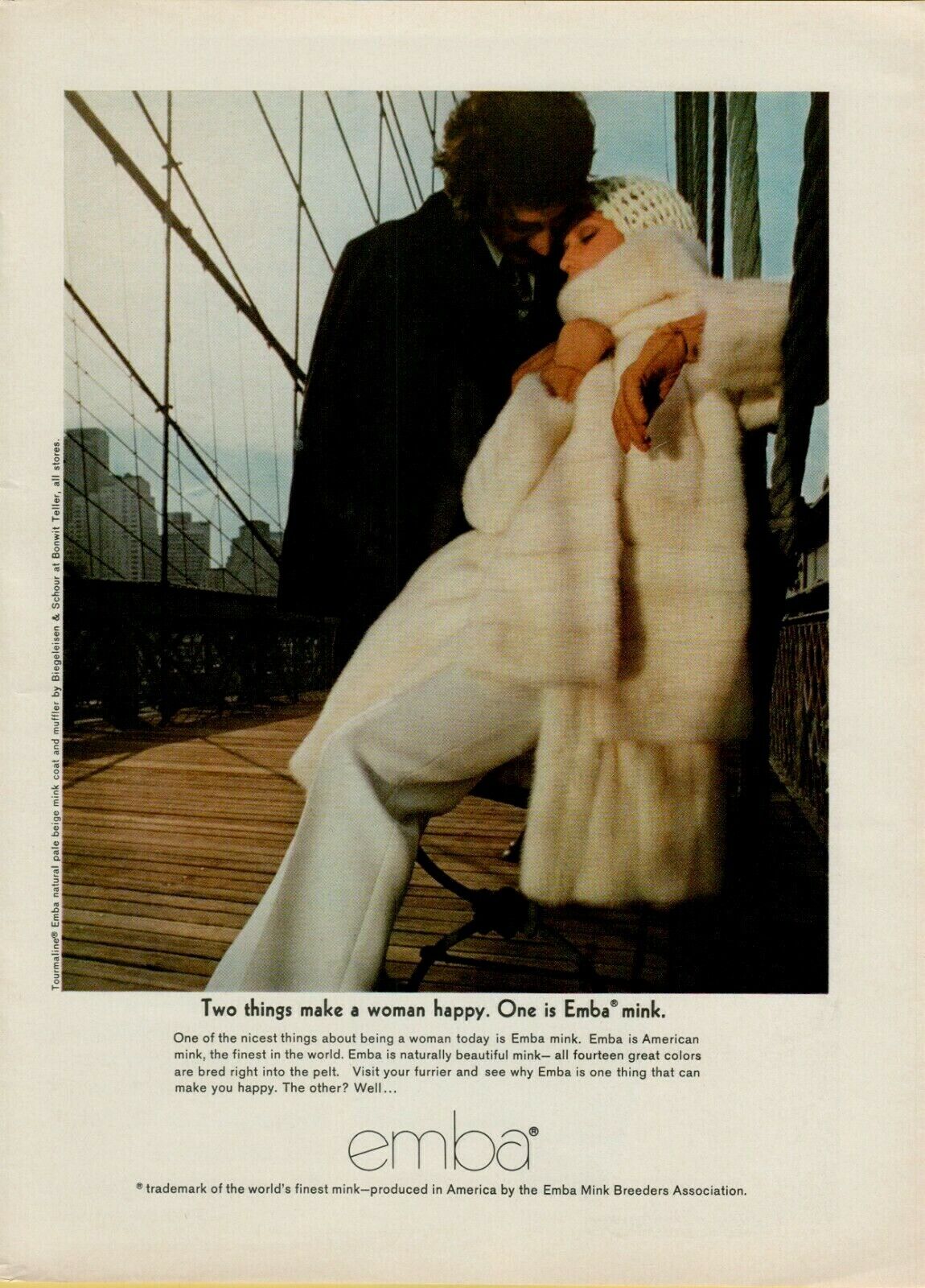 1969 Emba Mink Make a Woman Happy Brooklyn Bridge Romantic Vintage Print Ad