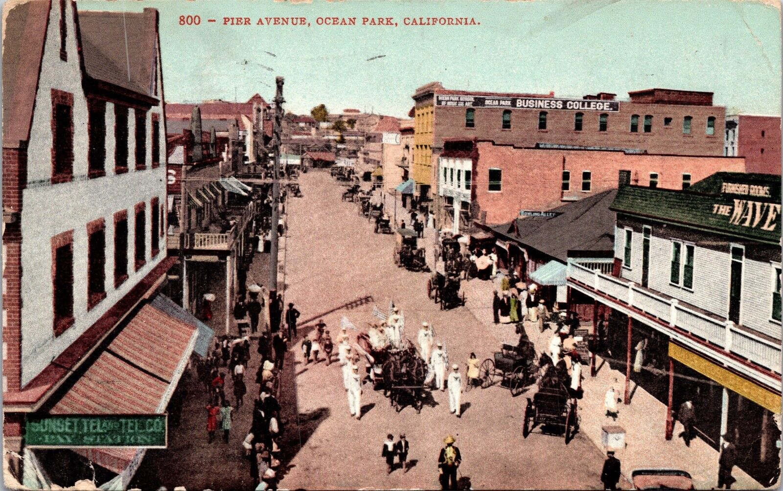 1910 Ocean Park Pier Avenue Main Street Scene Horse Buggy California Postcard 8A