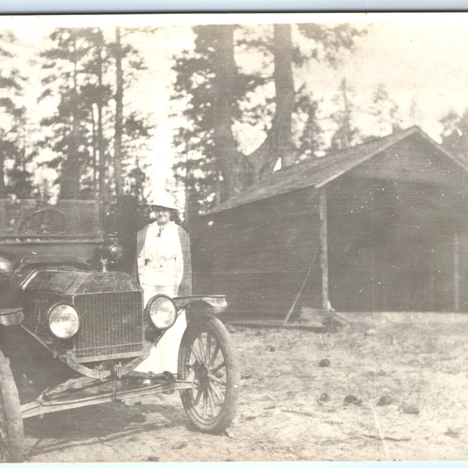 c1916 Ford Model T & Covered Bridge RPPC Auto Car Woman Real Photo Postcard A124