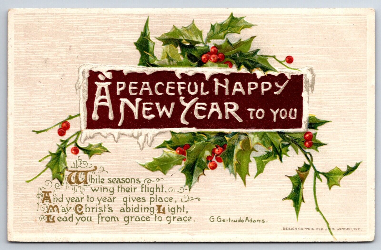 John Winsch c1911 Embossed A Peaceful Happy New Year To You Vintage Postcard