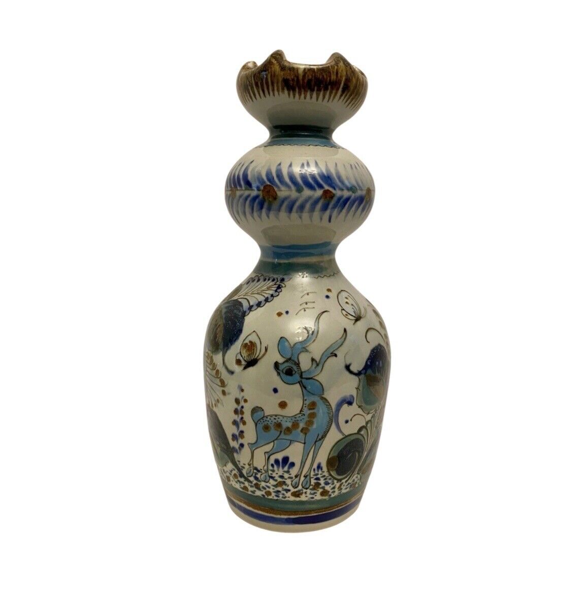Vintage 15” Tall Tonala Mexican Art Pottery Vase Deer Floral Motif Rare