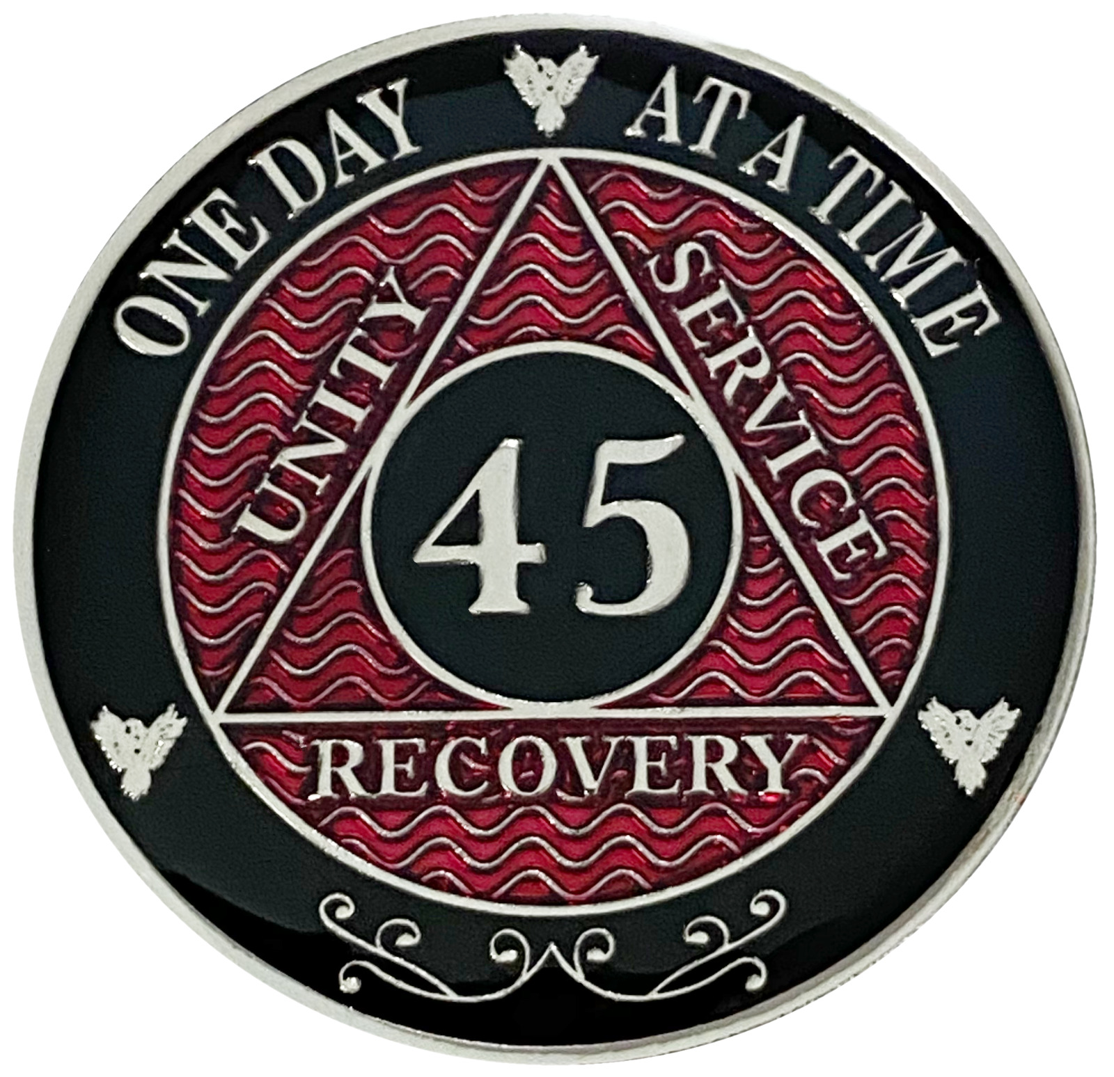 AA 45 Year Coin Red, Silver Color Plated Medallion, Alcoholics Anonymous Coin