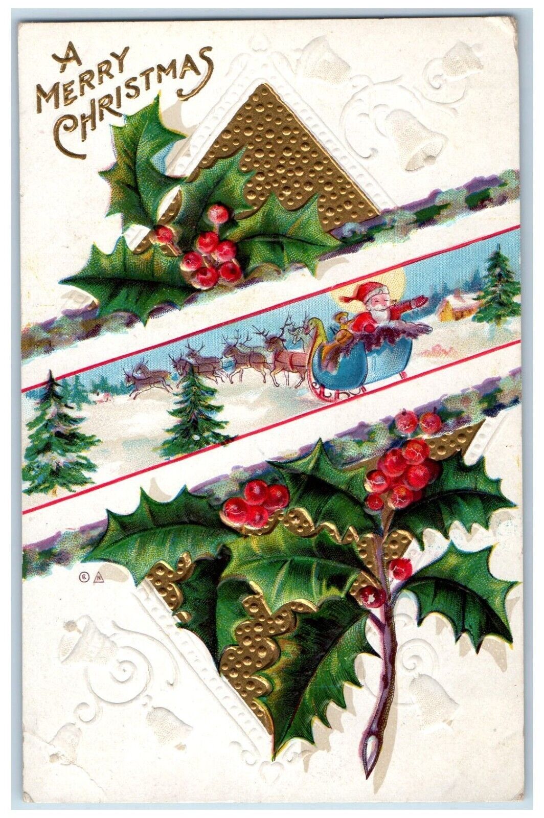 c1910\'s Merry Christmas Santa Claus Deer Sleigh Holly Berries Nash Postcard