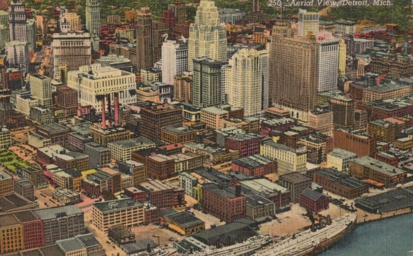 Detroit Michigan Aerial View Boats Downtown Buildings Vintage Linen Postcard