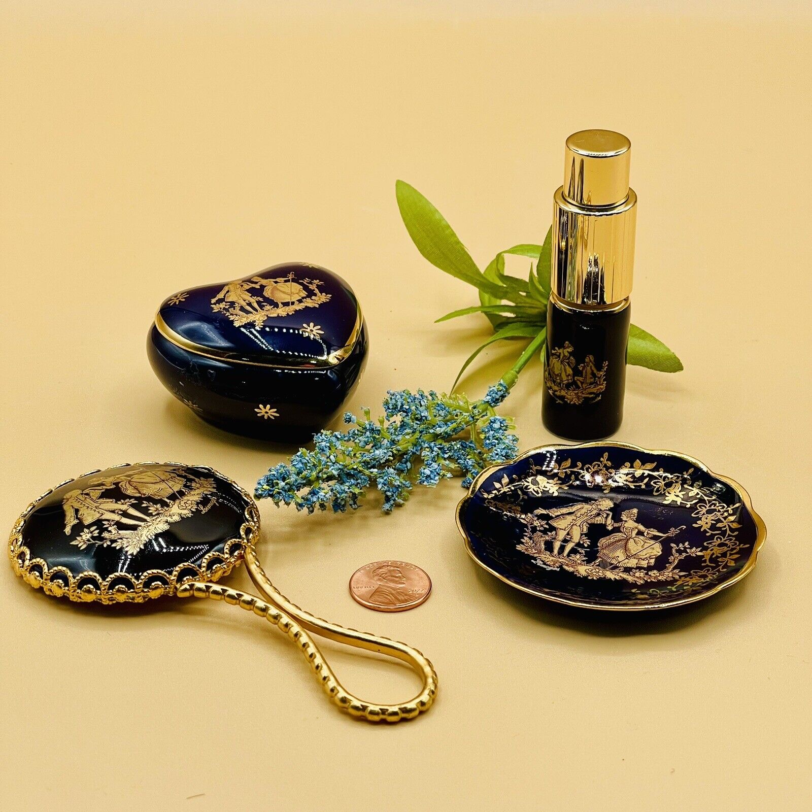 LIMOGES Miniatures Blue Gold Porcelain Courting Couple LOT OF 4 Details Below