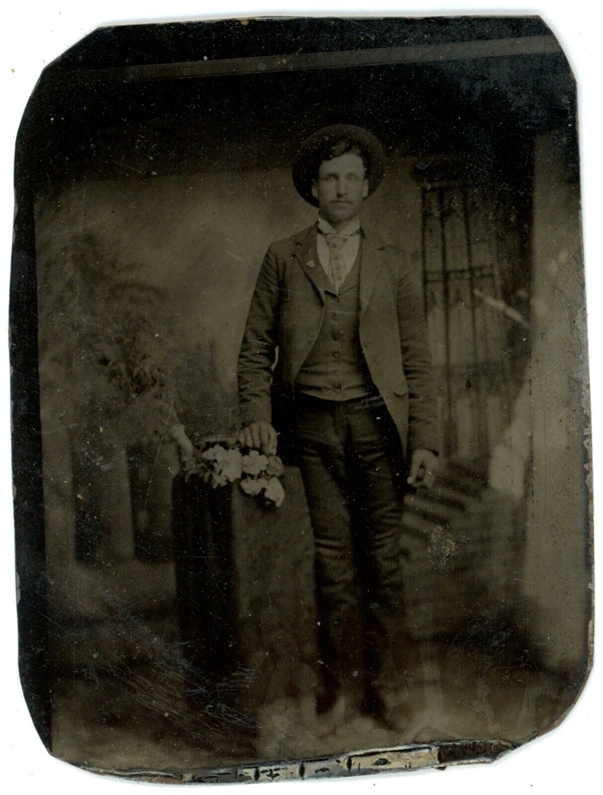 CIRCA 1860'S 2.5X3.38 1/6 Plate TINTYPE Handsome Man Mustache in Suit & Hat