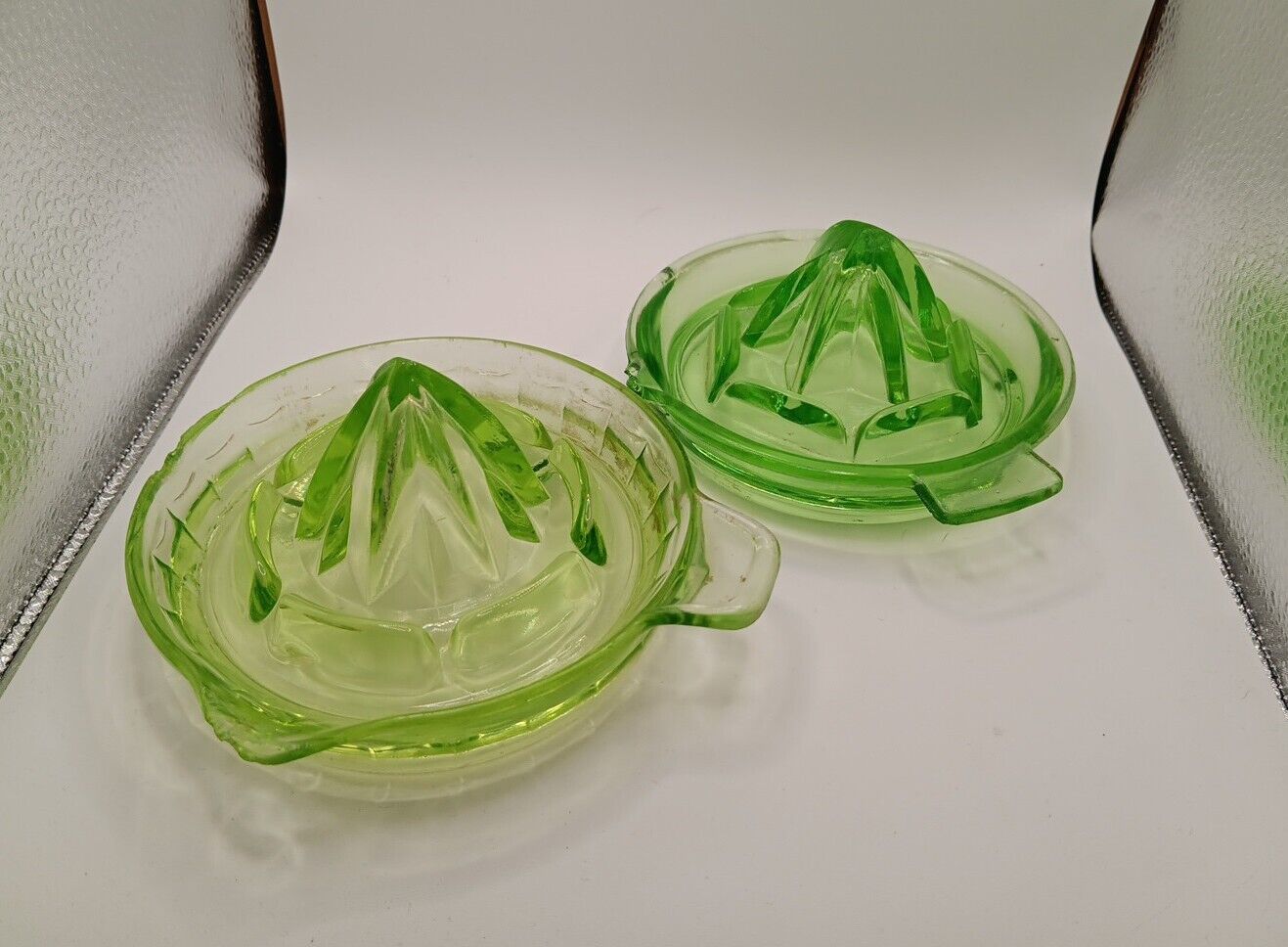2 Green Glass Juicer -Spout -Tab Handle VINTAGE 6\