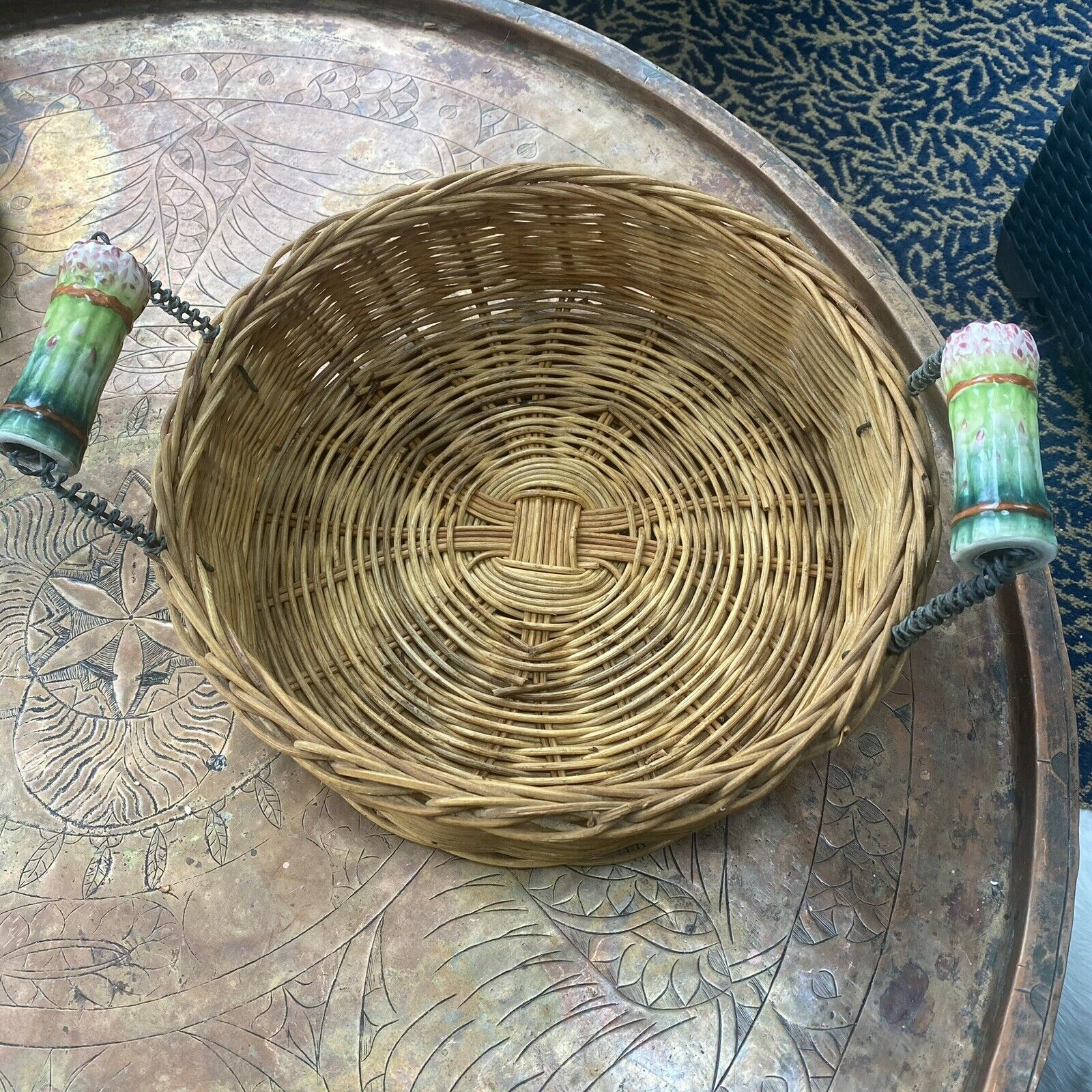 Vintage Rattan Farmhouse Hand Woven Basket with Porcelain AsparagusHandles 12\