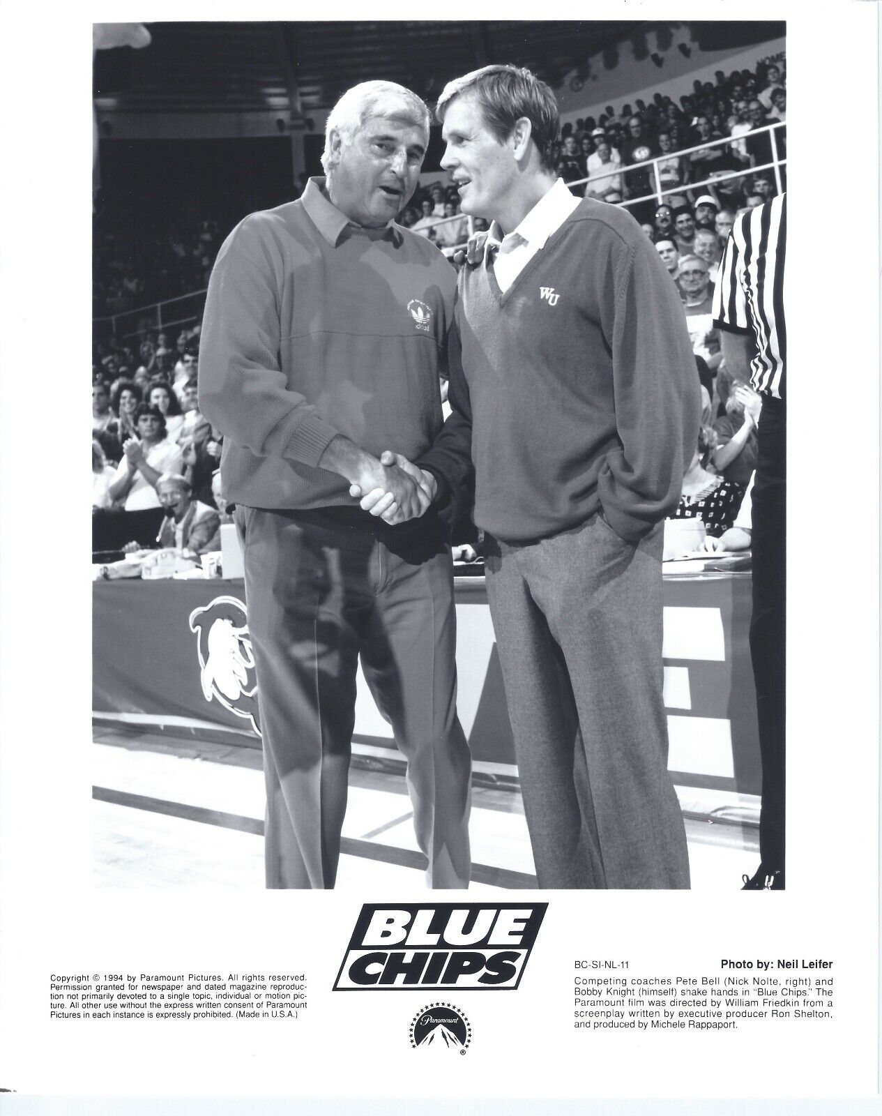 BLUE CHIPS Nick Nolte & Bobby Knight Original 1994 Paramount 8x10 Press Photo