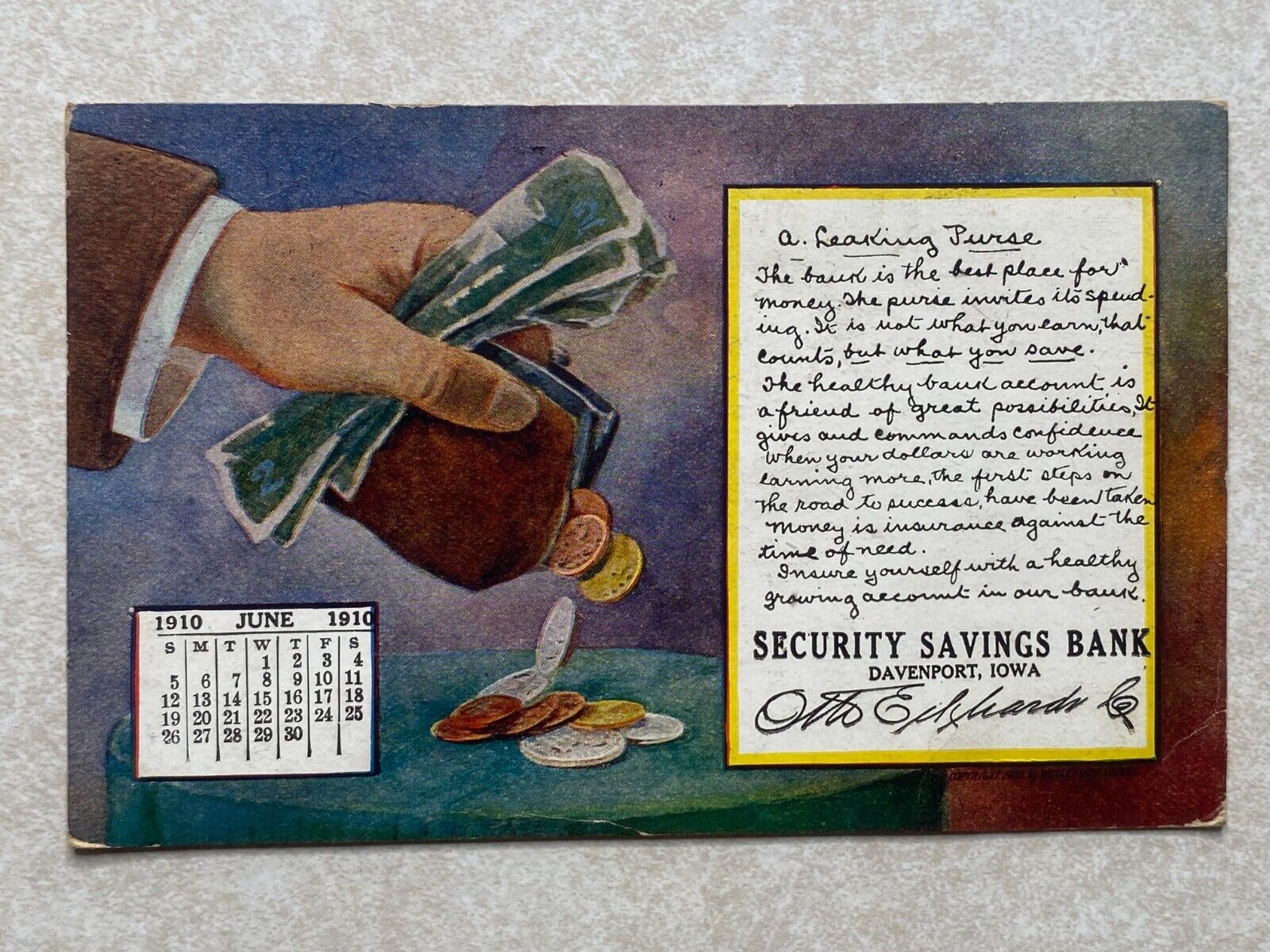 G1709 Postcard IA Iowa Security Savings Bank Calendar 1911 Davenport