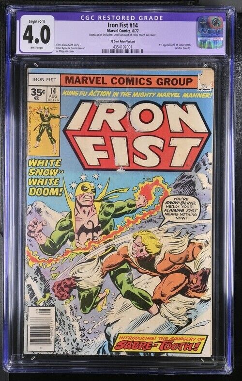 IRON FIST #14 CGC 4.0 1ST SABRETOOTH 35 CENT PRICE VARIANT WHITE PAGES