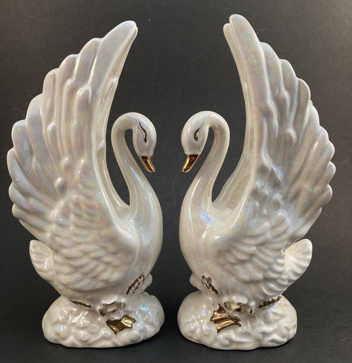 Swan Figurines White Pearl Iridescent Set of 2 Original Arnart Creations Vintage