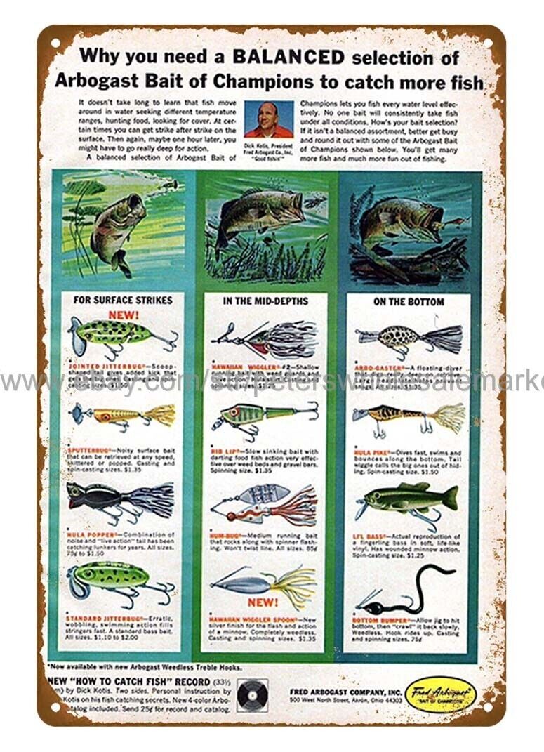 art prints posters 1965 Fred Arbogast Fishing Lures Jitterbug metal tin sign
