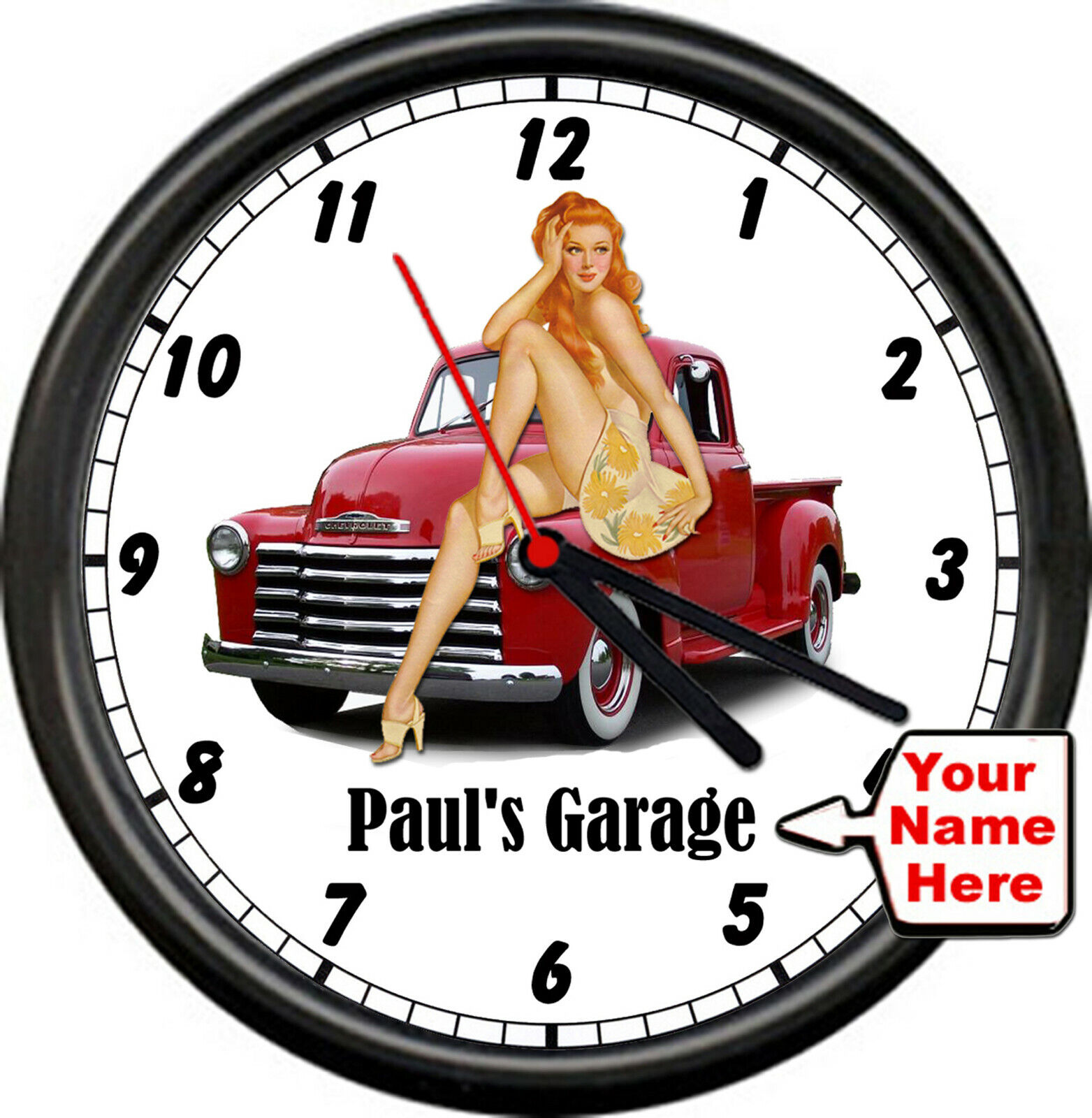 Personalized Garage Auto Mechanic Retro Vintage Truck Pinup Girl Wall Clock