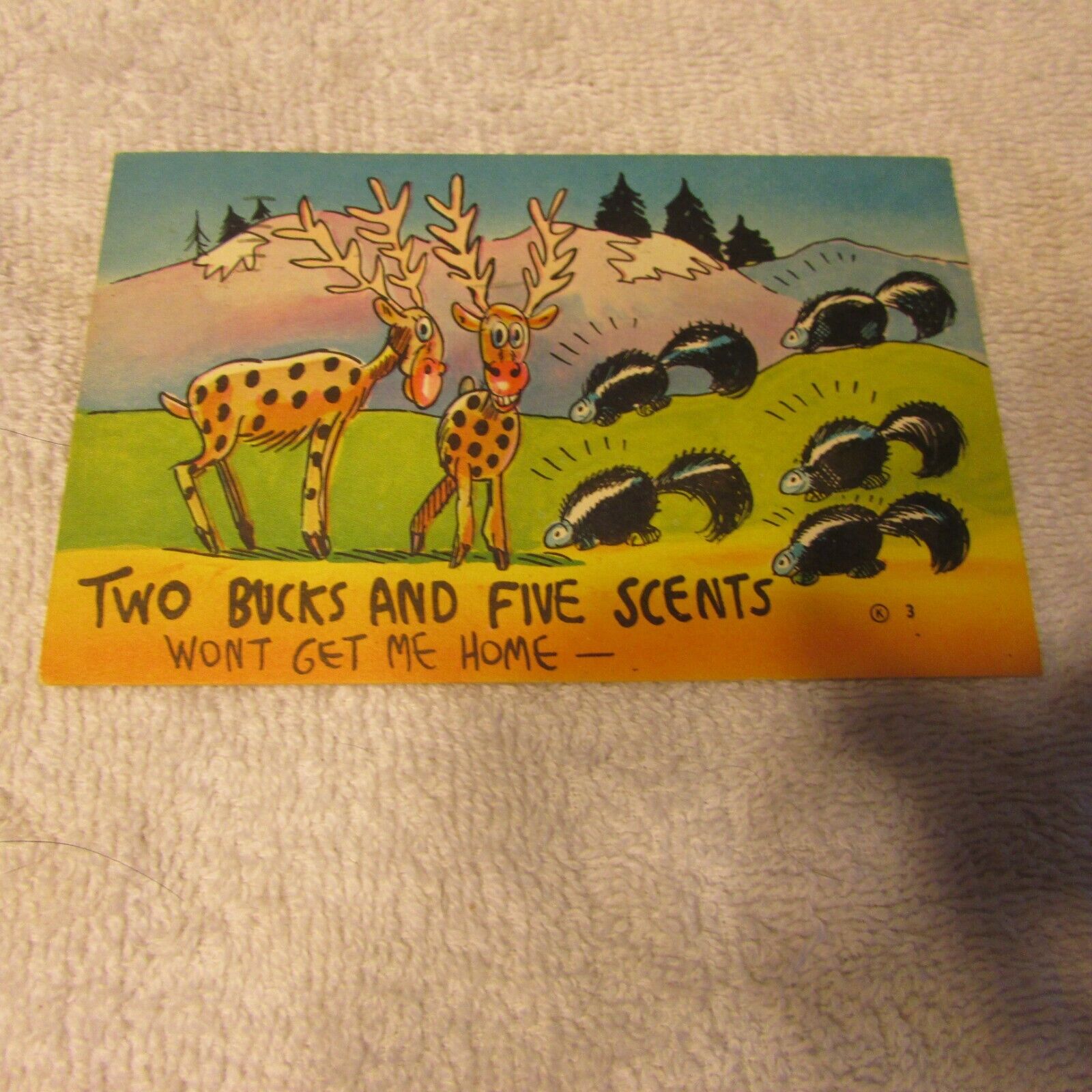 vintage 1956 comic type postcard Two Bucks and Five Scents