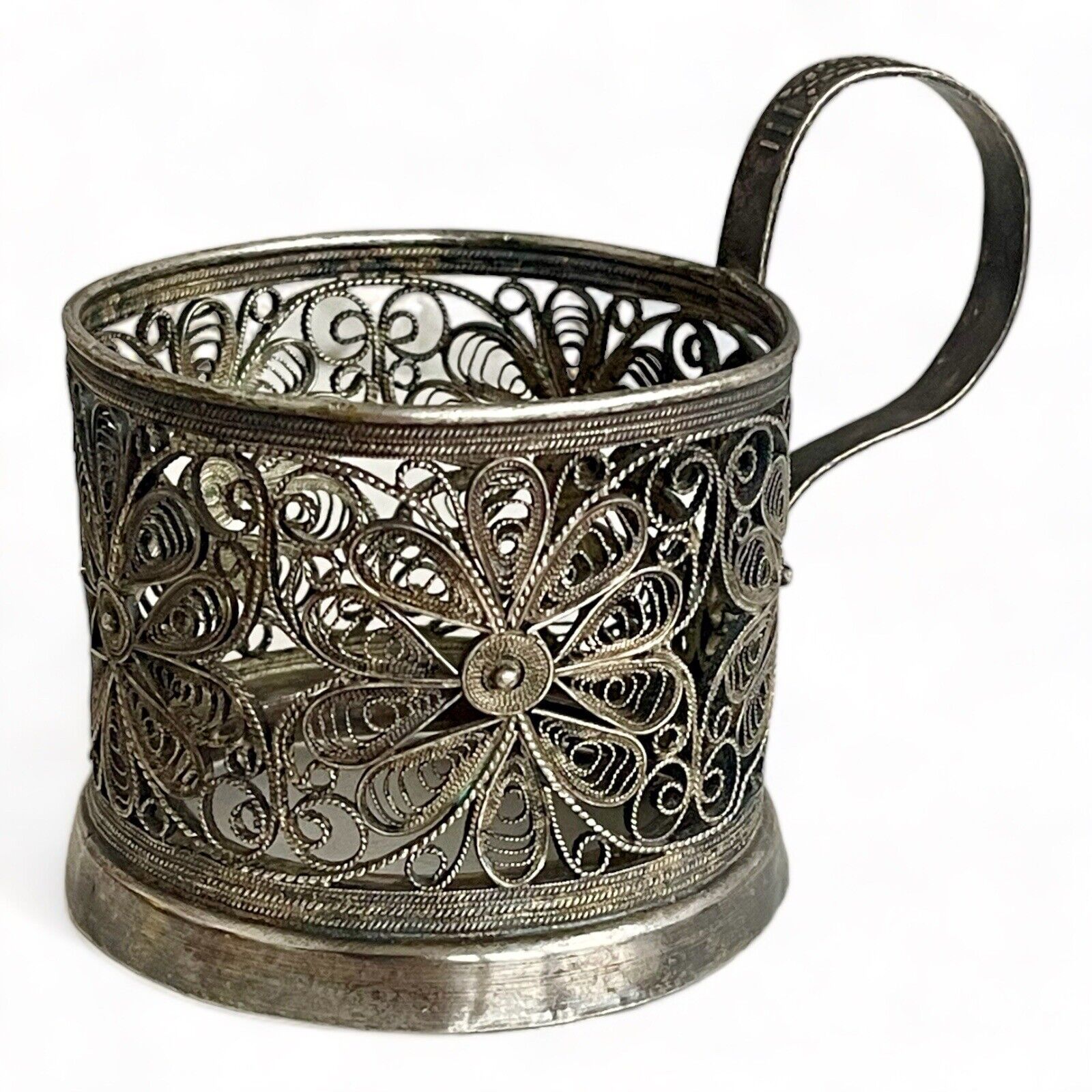 Vintage Soviet  Podstakannik Tea Glass Cup Holder Silver Plated Filigree Skan