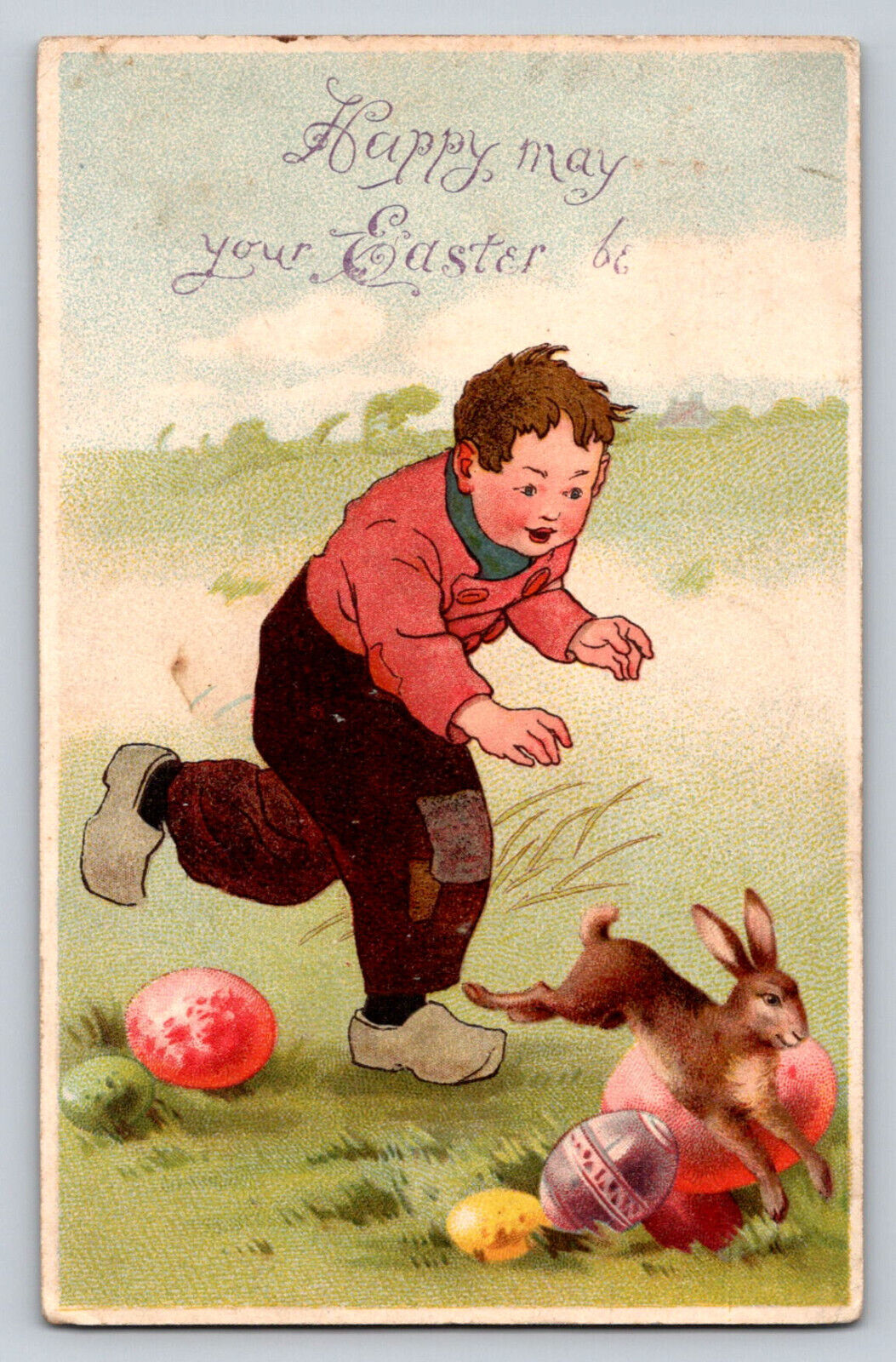 c1910 Boy Rabbit Run Eggs Easter P721