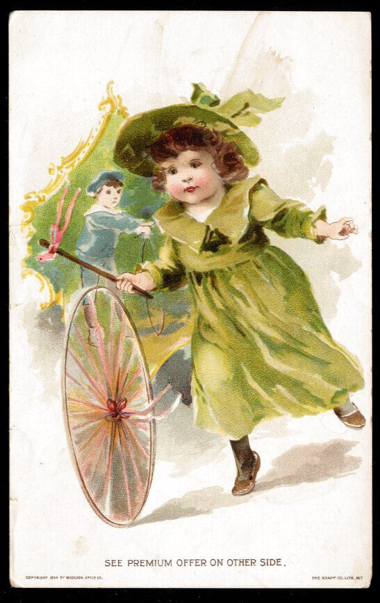 1894 LION COFFEE Victorian Trade Card - Woolson Spice - children rolling hoops