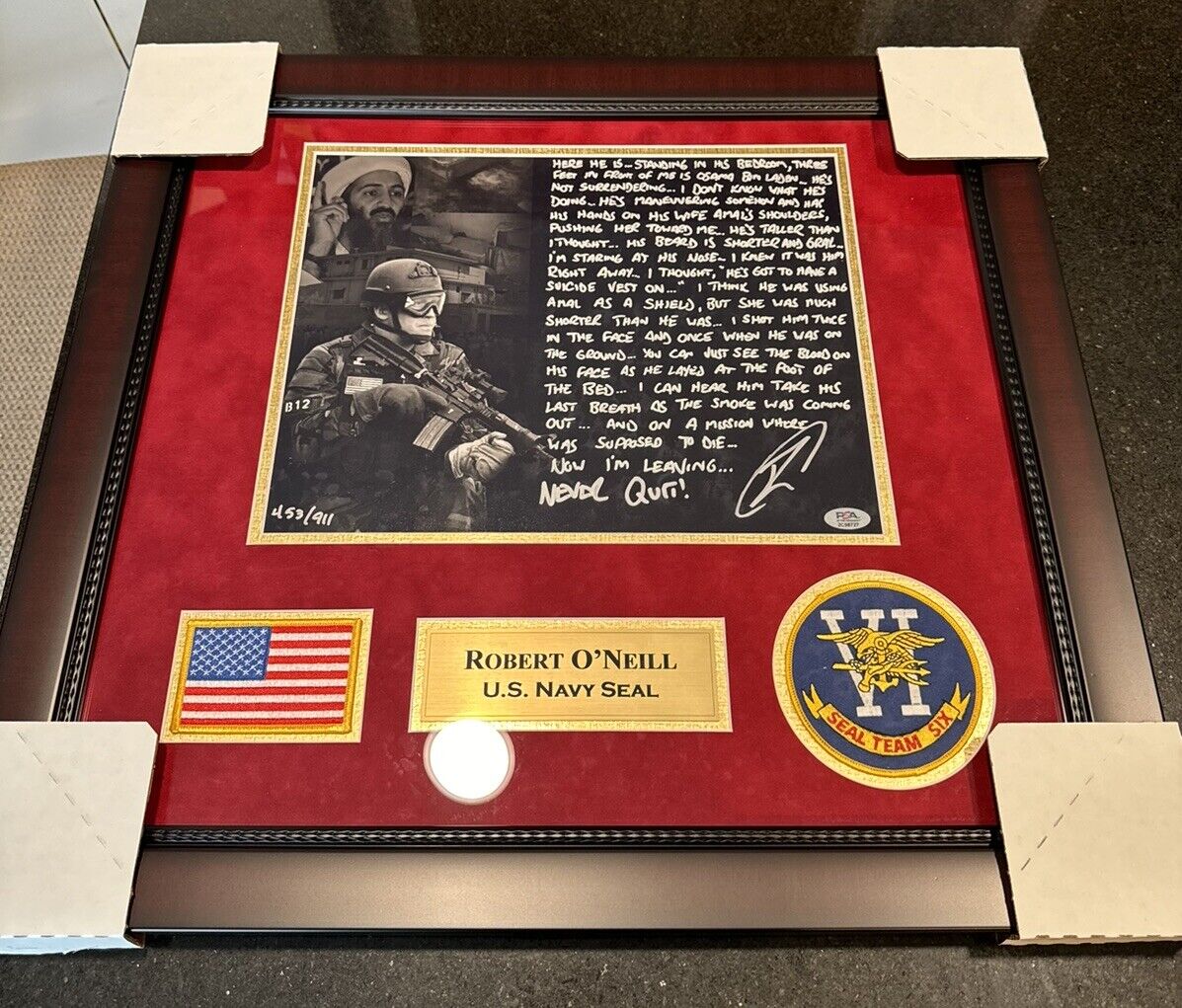 Framed Navy SEAL Robert O’Neill Signed LE “Bin Laden Raid” 11x14 Story Photo PSA