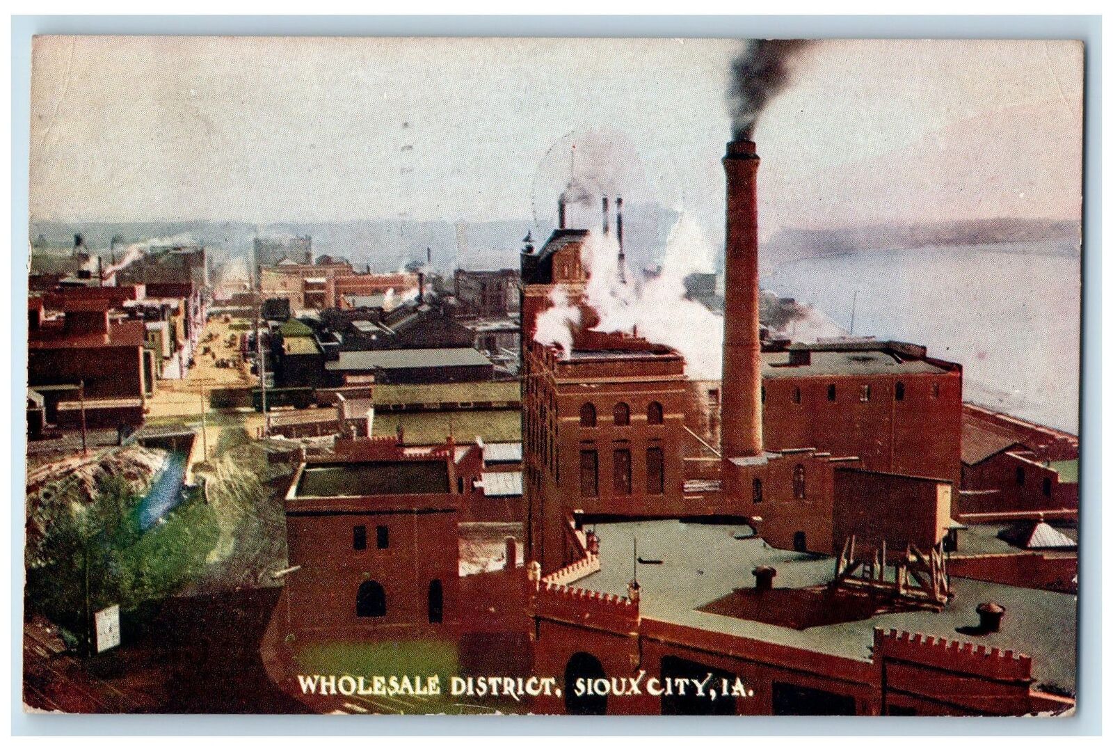 1909 Wholesale District Aerial View Smokestacks Rooftop Sioux City IA Postcard