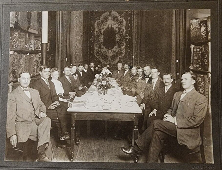 LARGE ANTIQUE CABINET CARD PHOTO OF DISTINGUISHED GENTELMEN AND ONE WOMAN 1900s