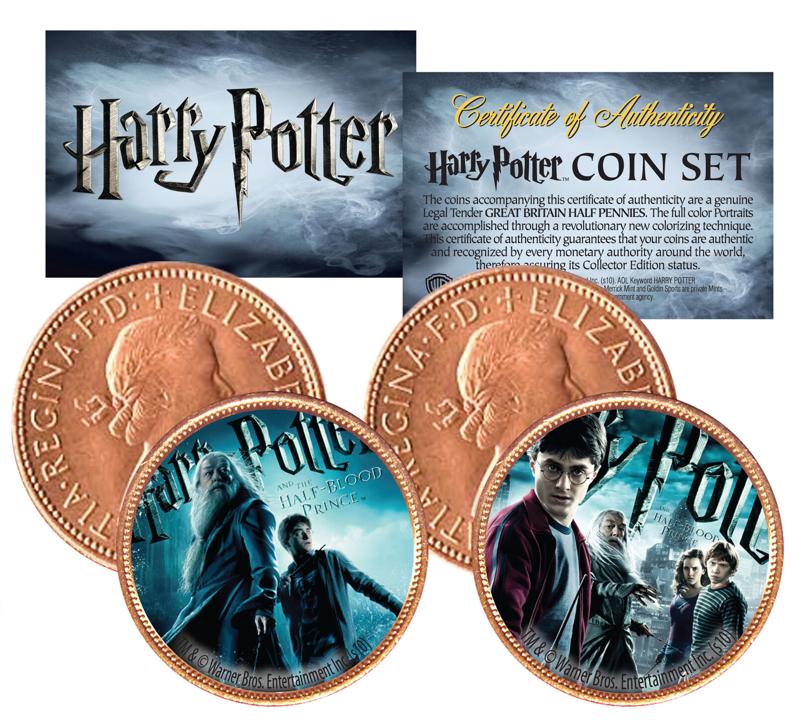 Harry Potter HALF-BLOOD PRINCE Colorized British Halfpenny 2-Coin Set *Licensed*
