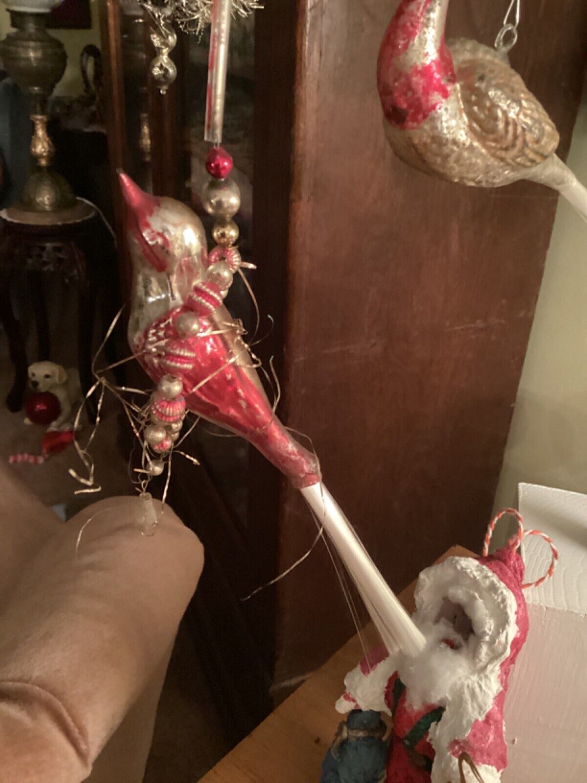 ANTIQUE Mercury Glass Raspberry Bird and UNUSUAL Beaded Swing Christmas Ornament