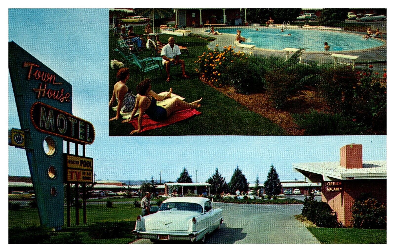 postcard Town House Motel Lancaster Cali. office-old car-pool 3534