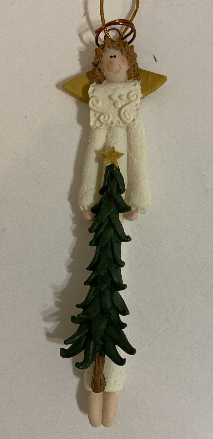 Gail West Angel With Tree Christmas Ornament, Resin Narrow 5” Long