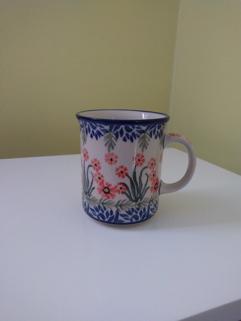Boleslawiec Poland Pottery Mug Blue Pink Flower 