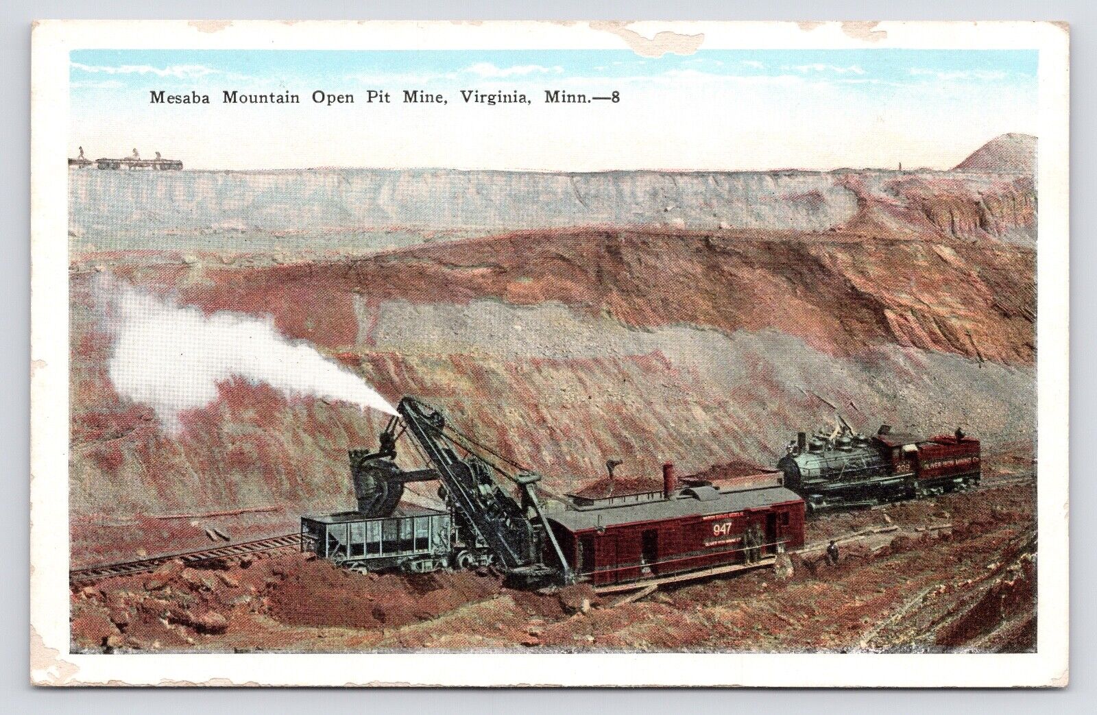 c1920s Mesaba Mountain Open Pit Mine Train Drill Virginia Minnesota MN Postcard