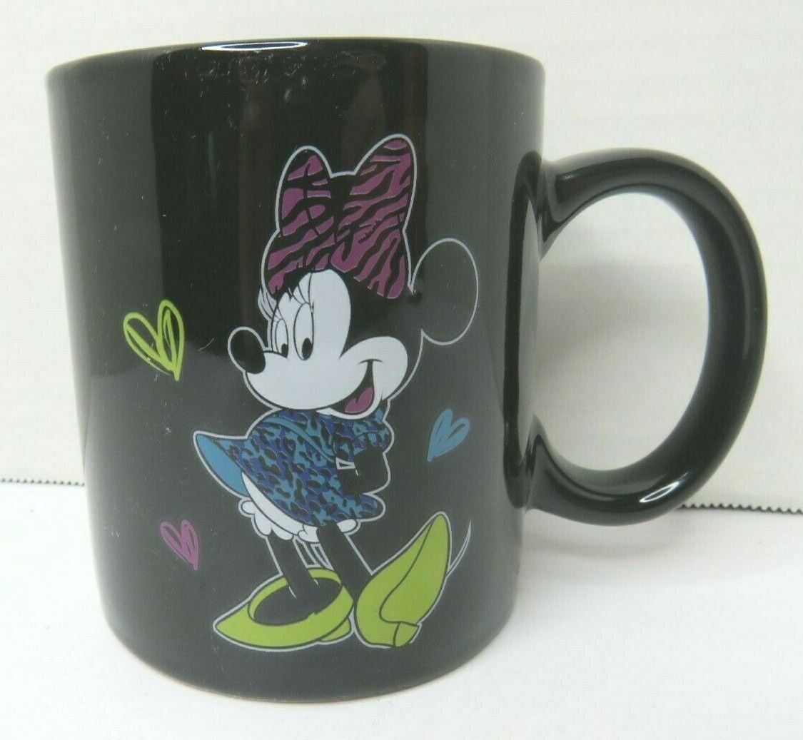 Disney Coffee Mug Cup Black ~ Minnie Mouse Front & Back View with Hearts