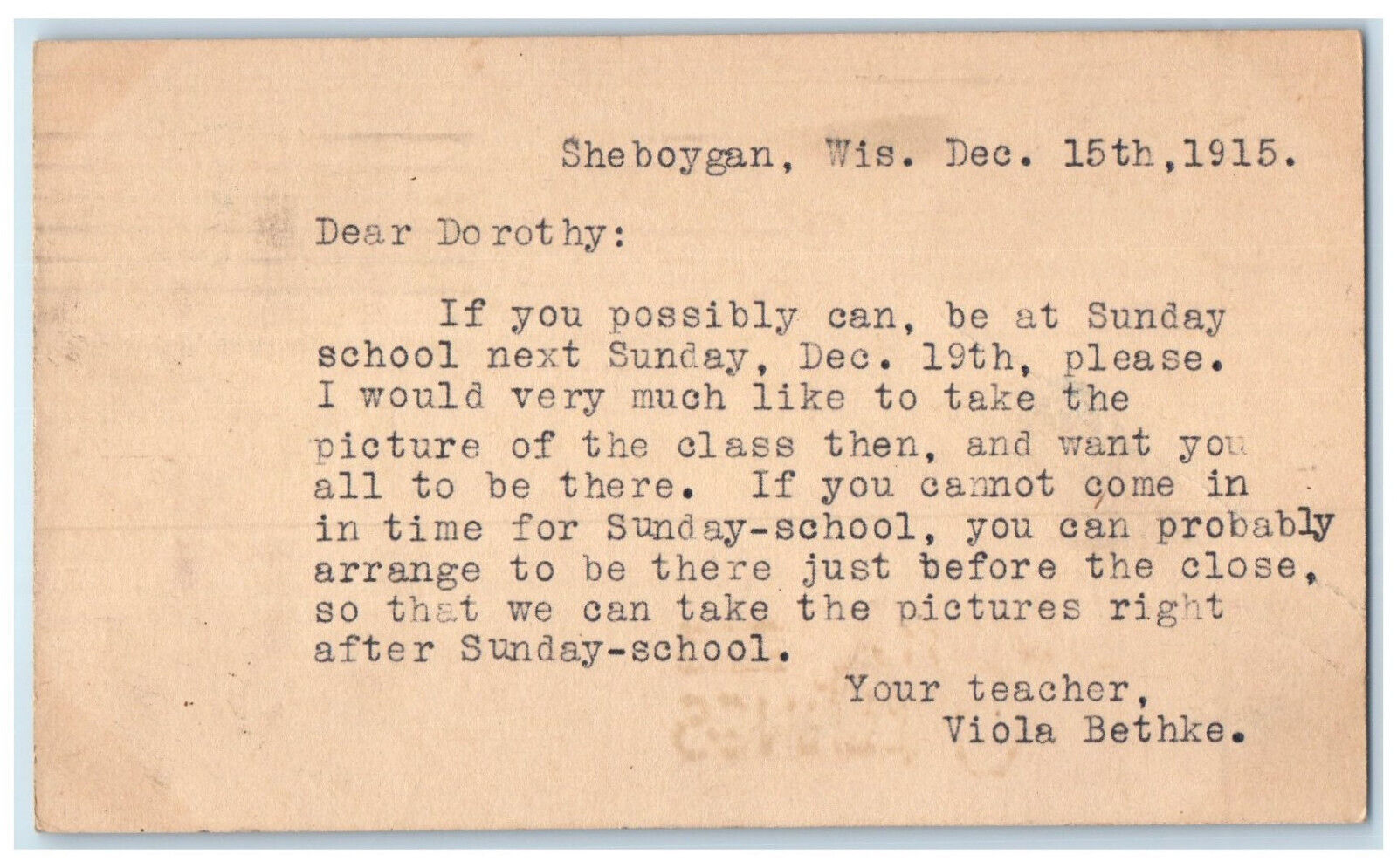 1915 Sunday School Message Sheboygan Wisconsin WI Antique Posted Postcard
