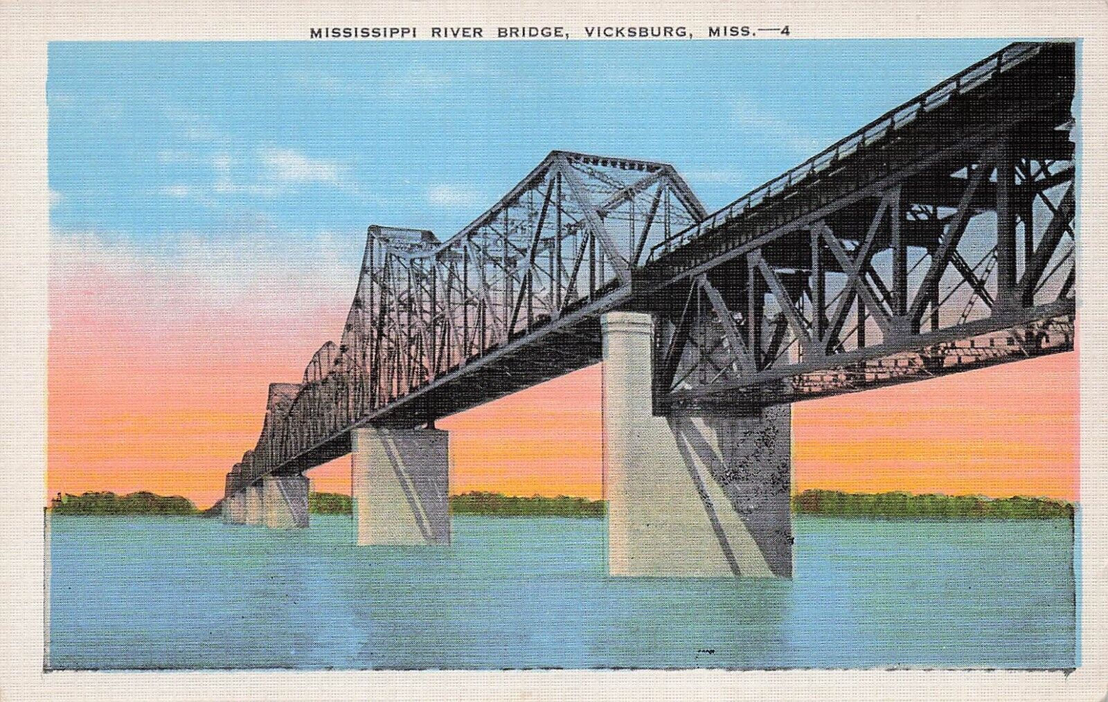 Vicksburg MS Mississippi River Bridge Train Railroad Vtg Postcard D63